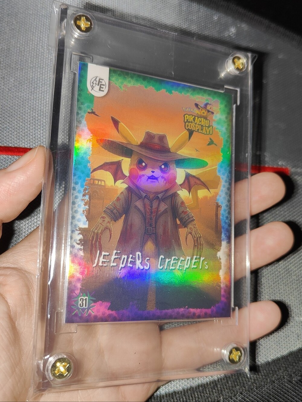 Jeepers Creepers holo encased Pikachu Cosplay Horror card Doujin Pokemon Peru